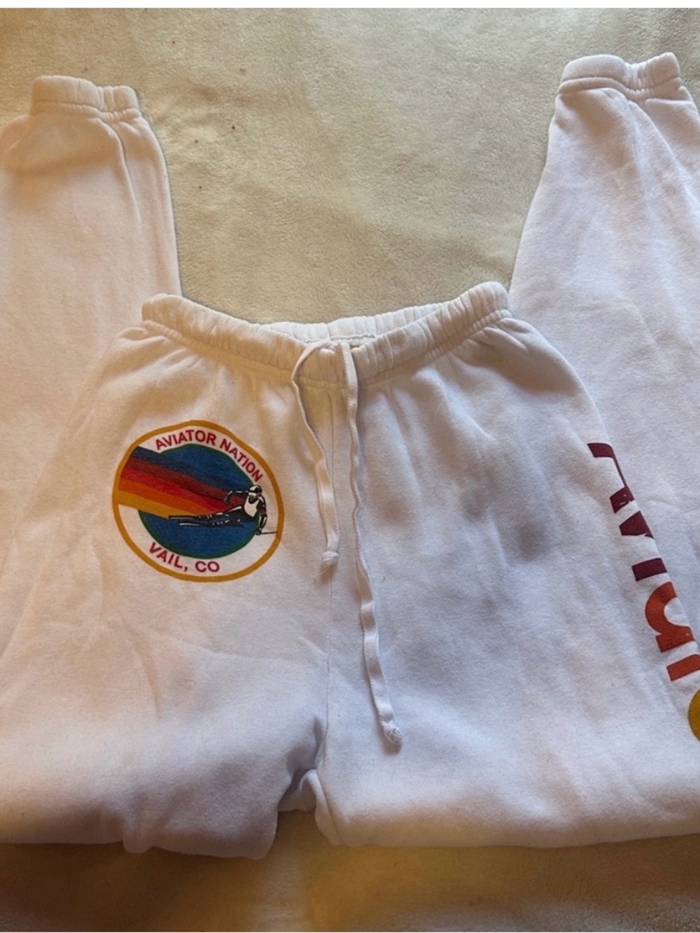 Aviator Nation White Sweatpants with Rainbow Patch and Side Script